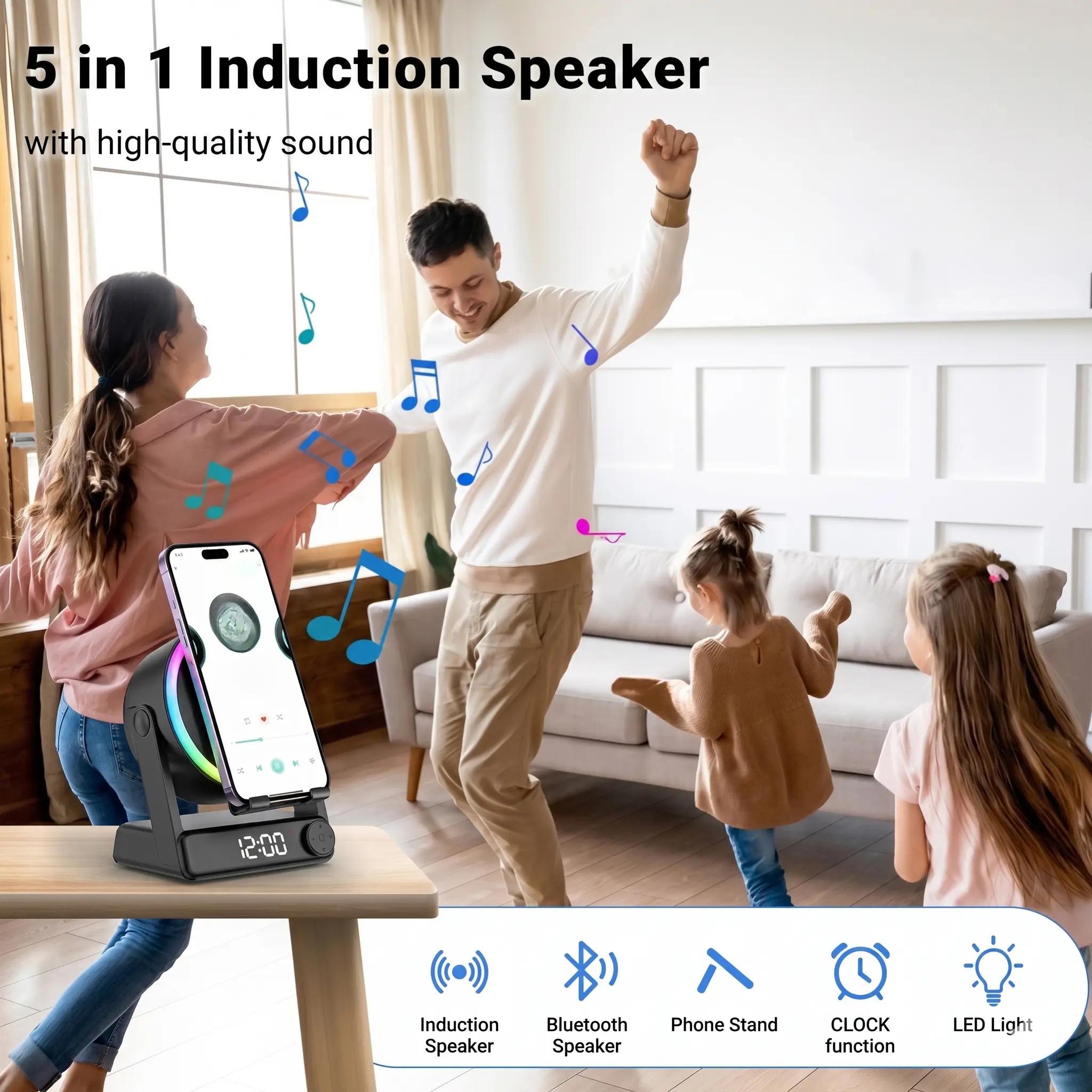 Cool Office Tech Gadgets - Multifunktionaler Schreibtisch-Telefonständer mit Induktionslautsprecher, LED-Digitalwecker, RGB-Ambientelicht,